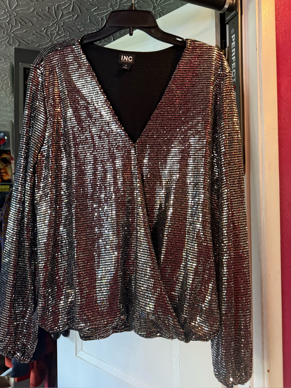 INC International Concepts Silver Sequin Wrap-Front Long Sleeve Top. Never worn